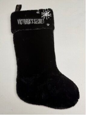 Victoria's Secret Black Faux Fur Christmas Stocking Rhinestone Snowflake Embroid